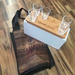 5 George Strait Codigo 1530 Tequila Shot Glasses W/ Wood Tray Bag/VIP Lanyard